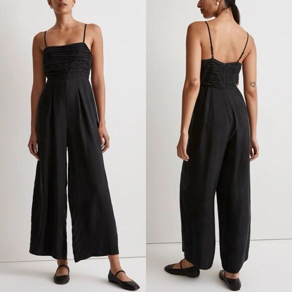 MADEWELL Jumpsuit Womens 00 Ruched Crop Straight Wide Leg NEW Black NO119 - Picture 1 of 16